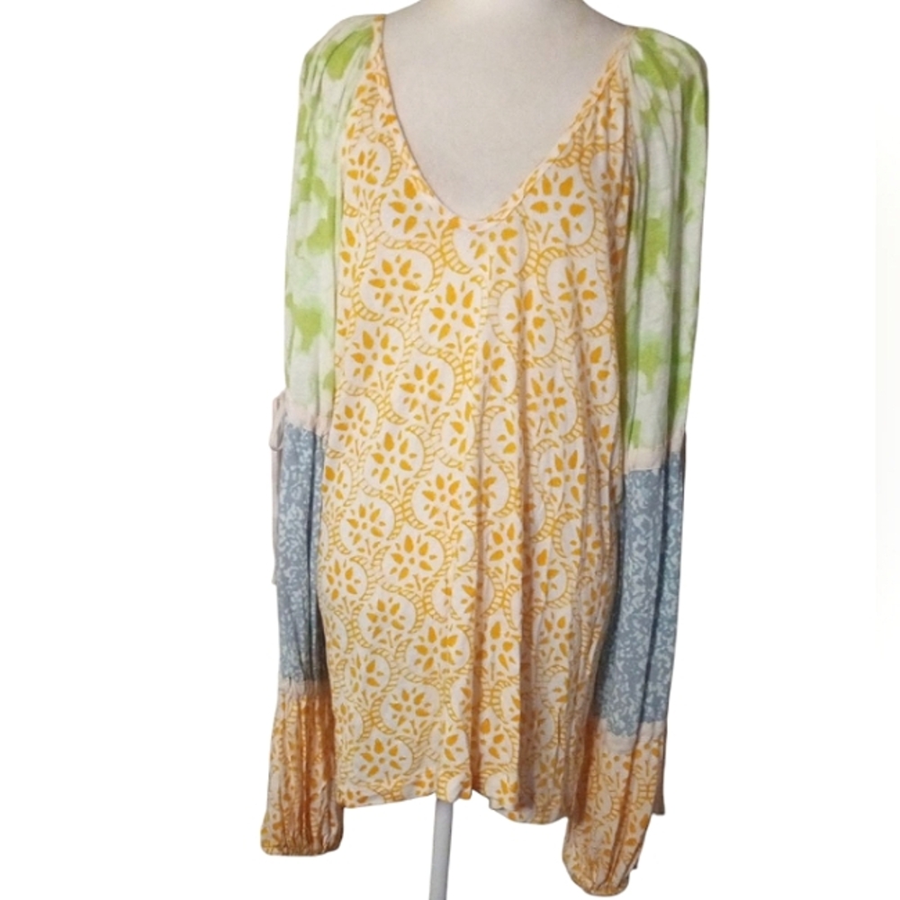 Free People Yellow and Green Bishop Sleeve Mini Dress